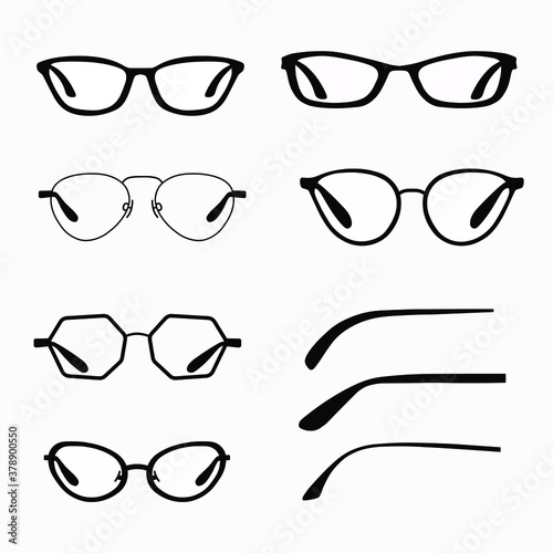 A collection of the most modern eyeglass frames for improving vision and office work, a collection of different shapes of arches vector graphics on a white background