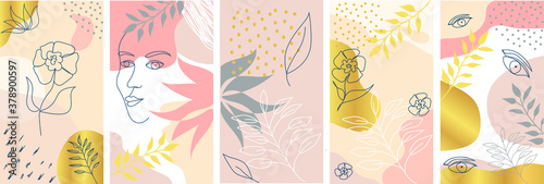 
Vector set of abstract backgrounds in a minimalistic fashion style with a portrait of a female face and outlines of colors and eyes in one line with space to copy text-design templates for social med