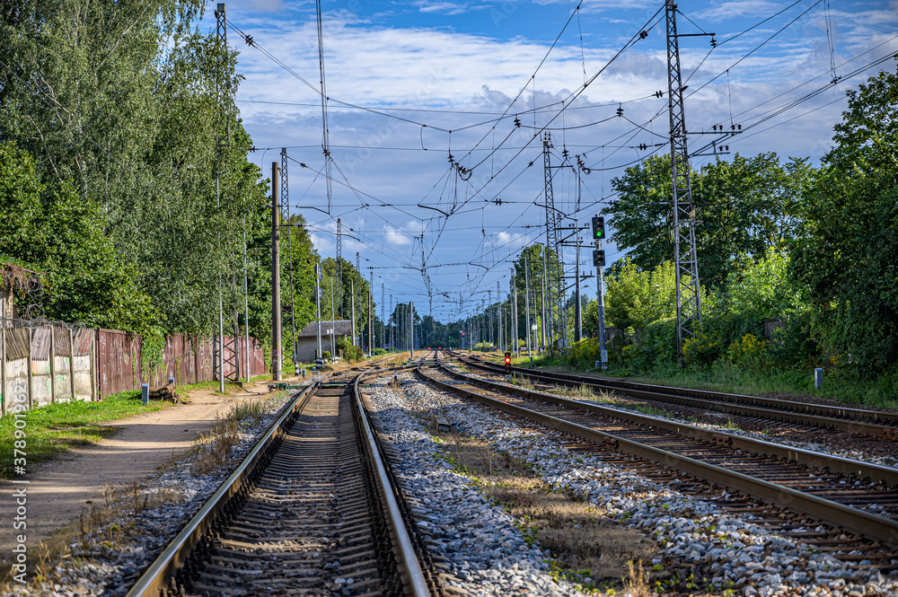Naklejka premium Many railway tracks stretching to the horizon; the woods, the fence, sky and the wires.