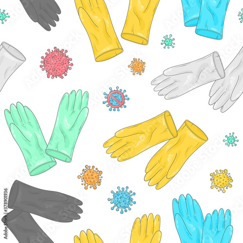 Covid-19 doodle pattern. Sterile gloves. Surgical gloves. Coronavirus protection. Medical equipment background.