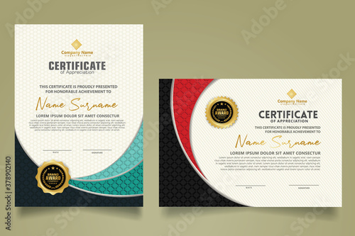 Set modern certificate template with realistic texture diamond shaped on the ornament and modern pattern background