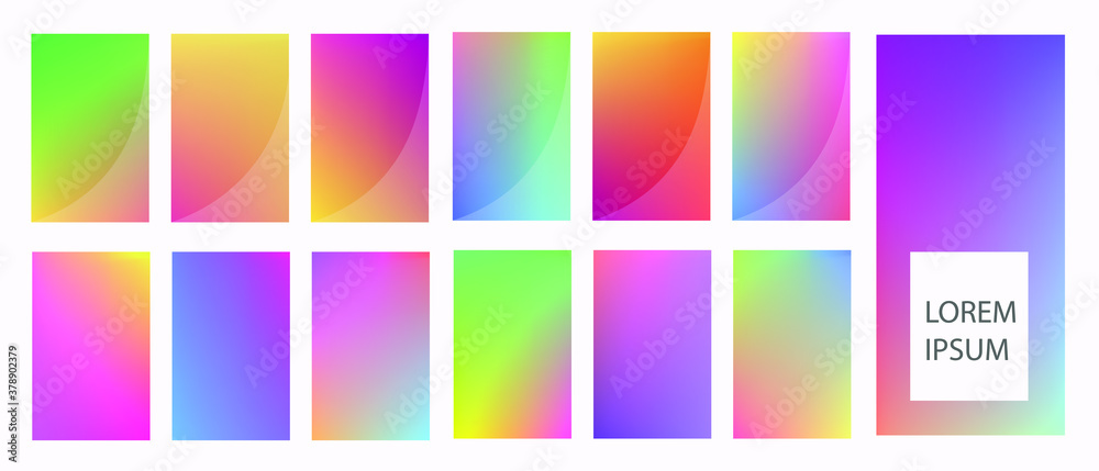 A set of 13 mesh gradient backgrounds. Rainbow graphic display, Wallpaper. bright mobile app design mixing kit bright duo color template. Vector graphics. EPS10.