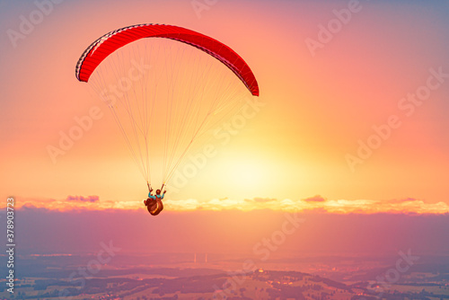 Paraglider at sunset in Germany, Europe
