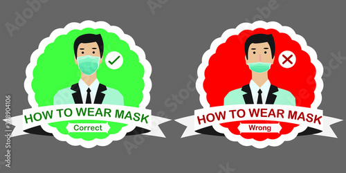 Two men showing how to wearing protective mask correctly.How to wear a face mask correct and wrong.