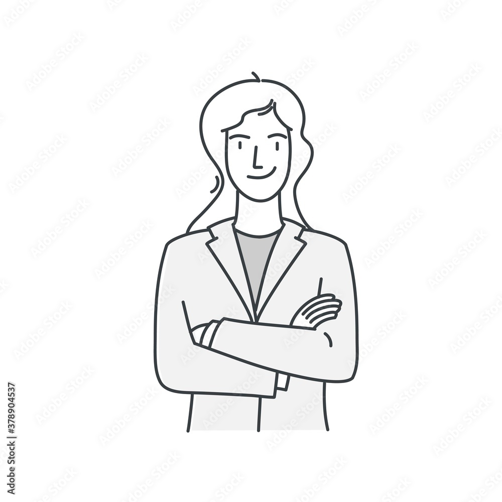Woman with arms crossed, great design for any purposes. White background. Business success concept. Female face. Vector line.