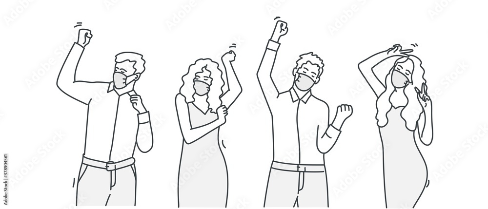 People in protection masks are dancing. Social distancing concept. White background. Vector line.