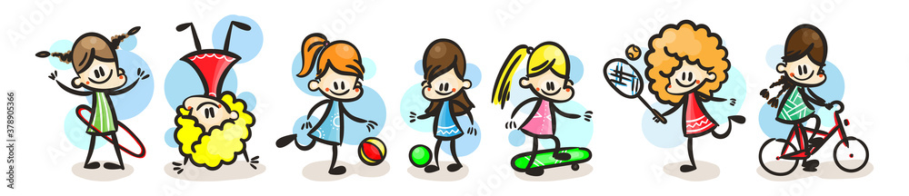 Collection of happy cartoon kids, colored hand drawn doodle outline style Collection of happy cartoon kids, colored hand drawn doodle outline style