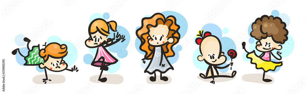 Collection of happy cartoon kids, colored hand drawn doodle outline style Collection of happy cartoon kids, colored hand drawn doodle outline style