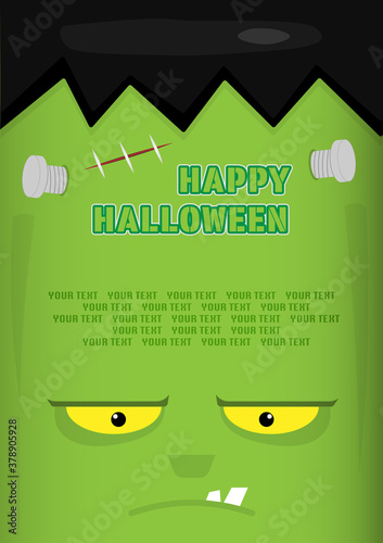 Halloween cartoon face of Frankenstein's background with copy space.Head Zombie wallpaper with blank fame for your text.