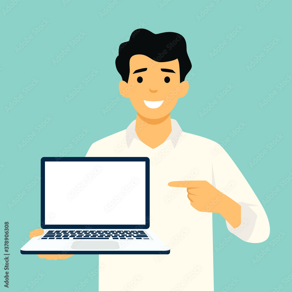 Businessman holding laptop notebook and showing the thumb up. Full length portrait of businessman in a flat style. Vector illustration. Businessman holding laptop notebook and showing the thumb up. Full length portrait of businessman in a flat style. Vector illustration.