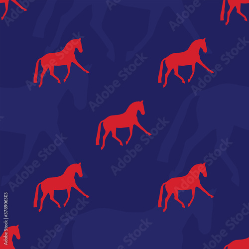Seamless pattern horses lineart. Trotting horse, realistic hand drawn doodle vector illustration.