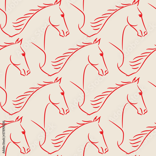 Fototapeta Naklejka Na Ścianę i Meble -  Seamless pattern horses lineart. Running horse, flutter mane. Realistic hand drawn doodle vector illustration.