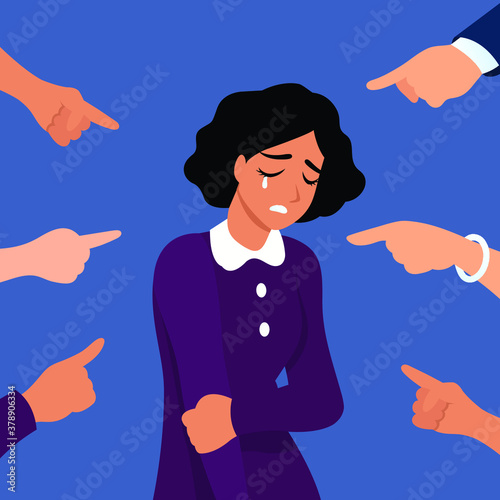 Victim women. Depressed girl in shame and hands with pointing finger. Guilty, ashamed female and blame in society vector concept. Woman frustrated, bullying employee illustration