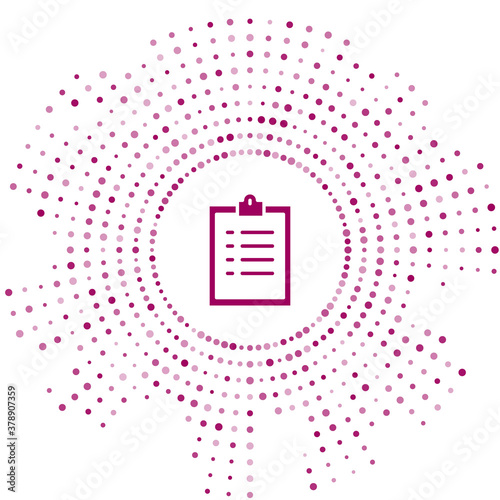 Purple Clipboard with checklist icon isolated on white background. Control list symbol. Survey poll or questionnaire feedback form. Abstract circle random dots. Vector Illustration.