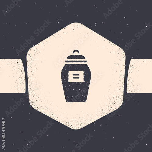 Grunge Funeral urn icon isolated on grey background. Cremation and burial containers, columbarium vases, jars and pots with ashes. Monochrome vintage drawing. Vector.