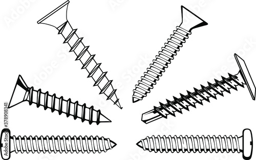 Screw nut set drawing, Nuts, Bolts & Screws Collection, Isometric View, Technical Illustration, Cotter Pin, Vector Machine Screws, Angle, 3D, Hex Head, Phillips, Flathead, Exploded Diagram, Engineerin