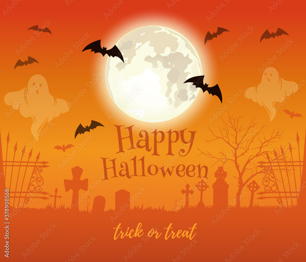 Halloween design. Full moon over haunted cemetery. Happy Halloween. Trick or treat. Vector illustration