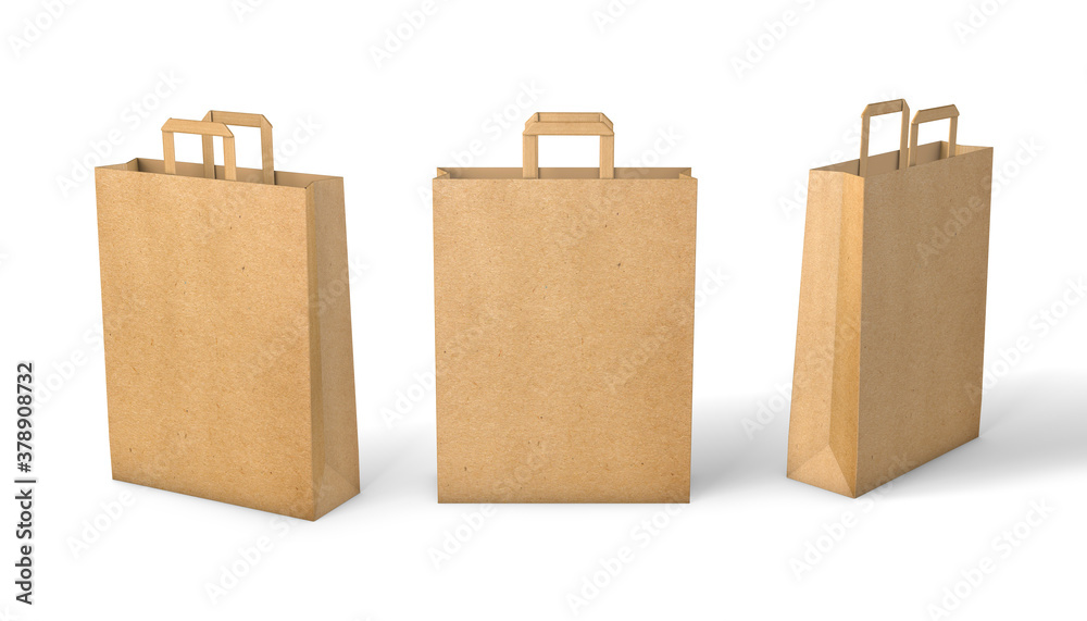 Craft paper bag. Mockup with craft paper handle isolated on white background. 3d render Craft paper bag. Mockup with craft paper handle isolated on white background. 3d render