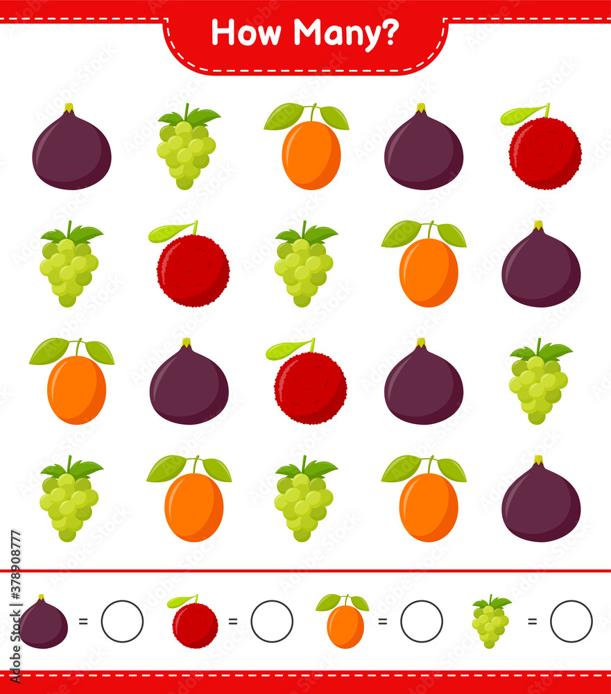 Counting game, how many fruits educational children game, printable worksheet, vector illustration Counting game, how many fruits educational children game, printable worksheet, vector illustration