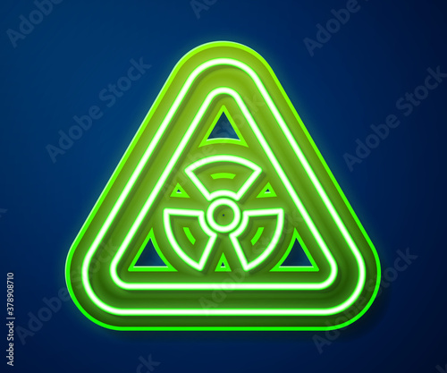 Glowing neon line Triangle sign with radiation symbol icon isolated on blue background. Vector.