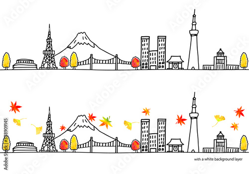 秋の東京の観光地の街並みのシンプル線画セット
