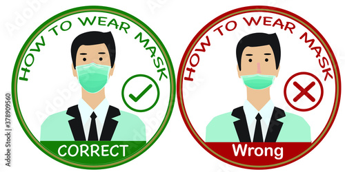 Two men showing how to wearing protective mask correctly.How to wear a face mask correct and wrong.