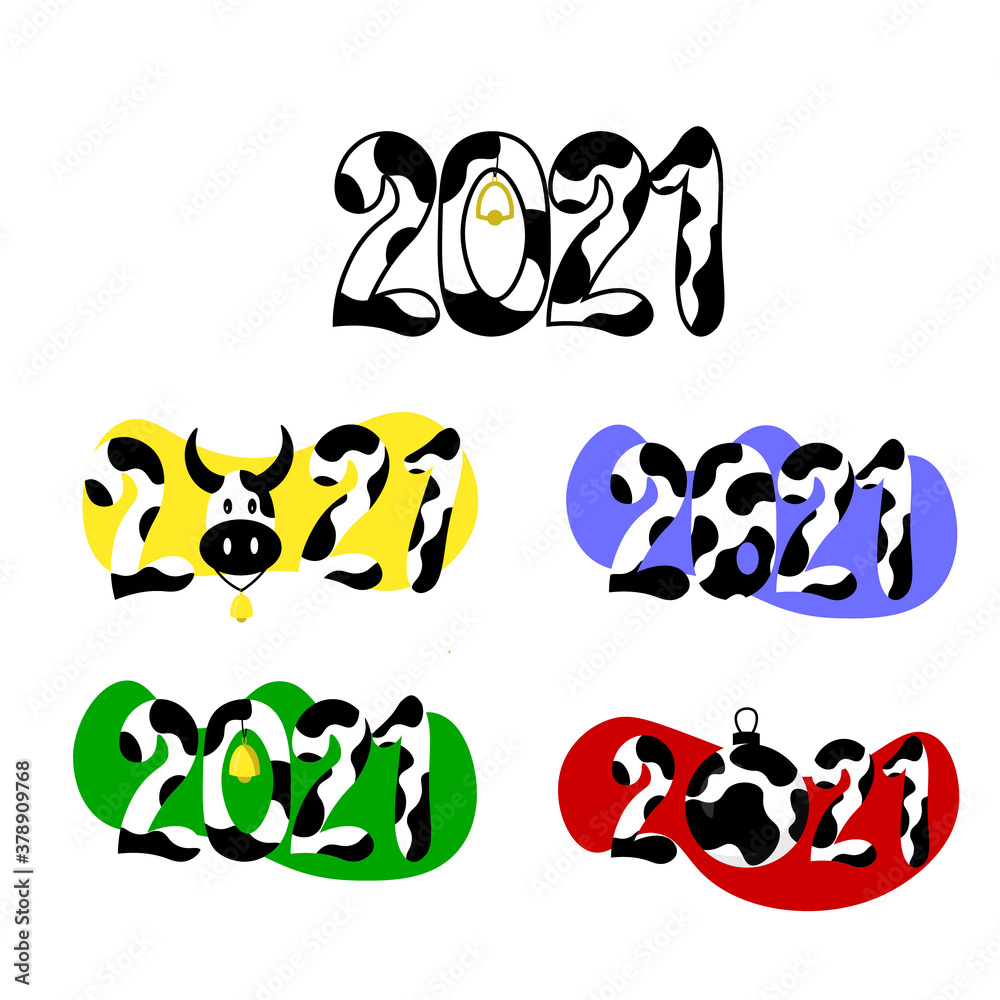 2021 Happy New Year text children design. Spotted numbers like black and white cow pattern. Symbol winter holiday in kids flat style. 2021 Happy New Year text children design. Spotted numbers like black and white cow pattern. Symbol winter holiday in kids flat style.