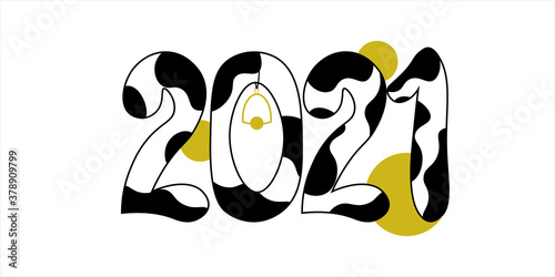 2021 Happy New Year text children design.   Spotted numbers like black and white cow pattern. Symbol winter holiday in kids flat style. 