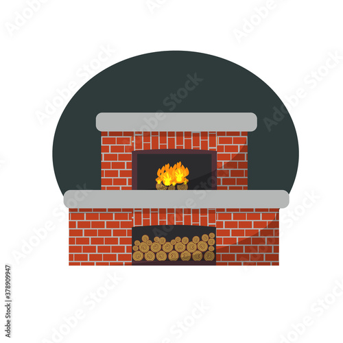 Christmas decorated fireplace area. Сozy interior with Christmas tree branches and New Year's socks. Cute holiday illustration in flat style.