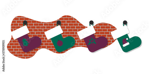 Christmas stocking on brick wall background. Violet and green happy new year socks hang on fireplace. Cute holiday illustration in flat style