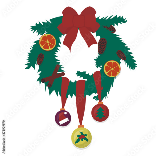 Christmas and  New Year elements. Wreath with eco decoration dried oranges slice and cinnamon. Cute illustration in flat style