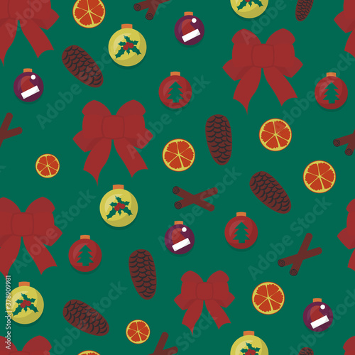 Seamless pattern of christmas tree decoration. Bow, orange slice, balls and bumps on green background. Cute illustration in flat style