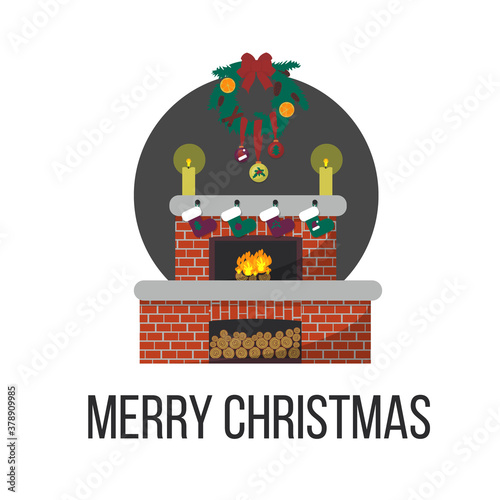 Christmas decorated fireplace area. Сozy interior with Christmas tree branches and New Year's socks. Cute holiday illustration in flat style.