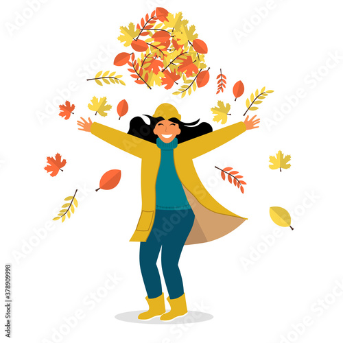 Autumn outdoor character. Young women play with falling leaves. Happy girl throw up yellow and orange leaves. Cute illustration in flat style.
