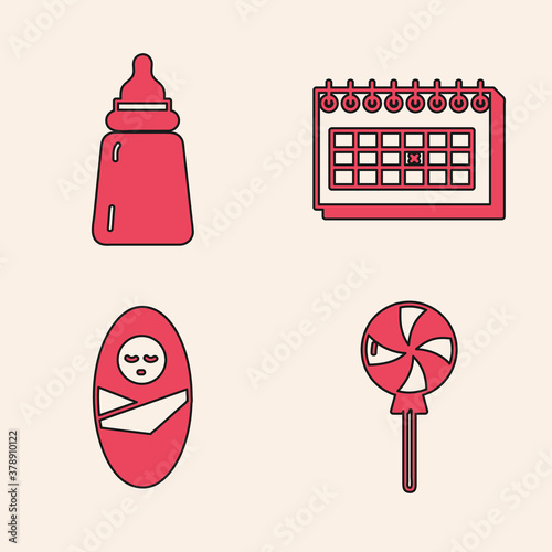 Set Lollipop, Baby bottle, Calendar and Newborn baby infant swaddled icon. Vector.