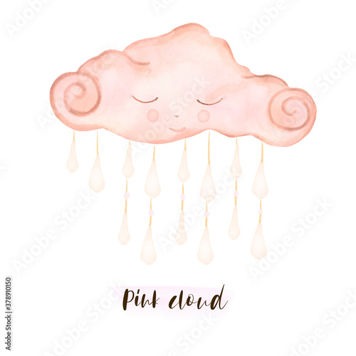 Watercolor illustration of a rainy cloud. Drawn by hand with watercolors and is suitable for all types of design and printing.