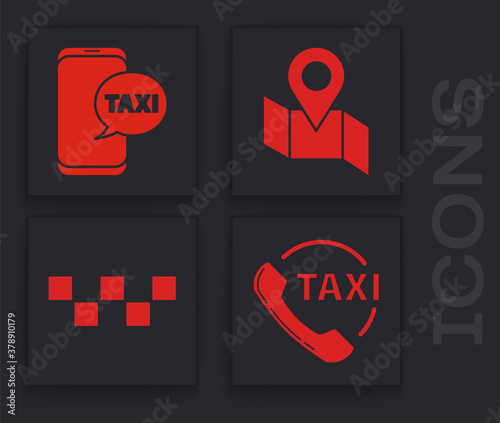Set Taxi call telephone service, Taxi call telephone service, Folded map with location marker and Taxi car roof icon. Vector.
