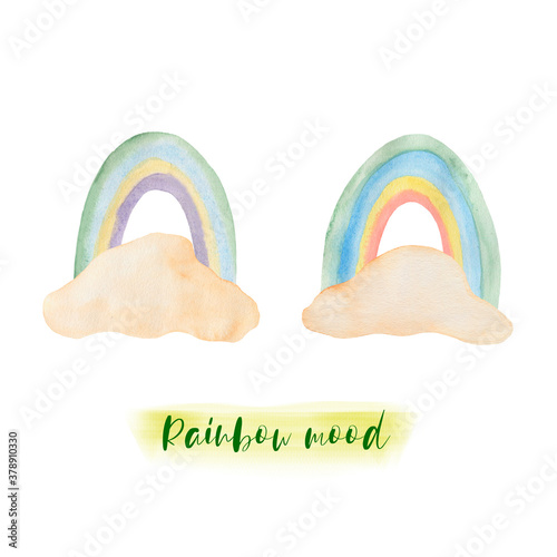 Watercolor illustration set with rainbow and clouds. Drawn by hand with watercolors and is suitable for all types of design and printing.