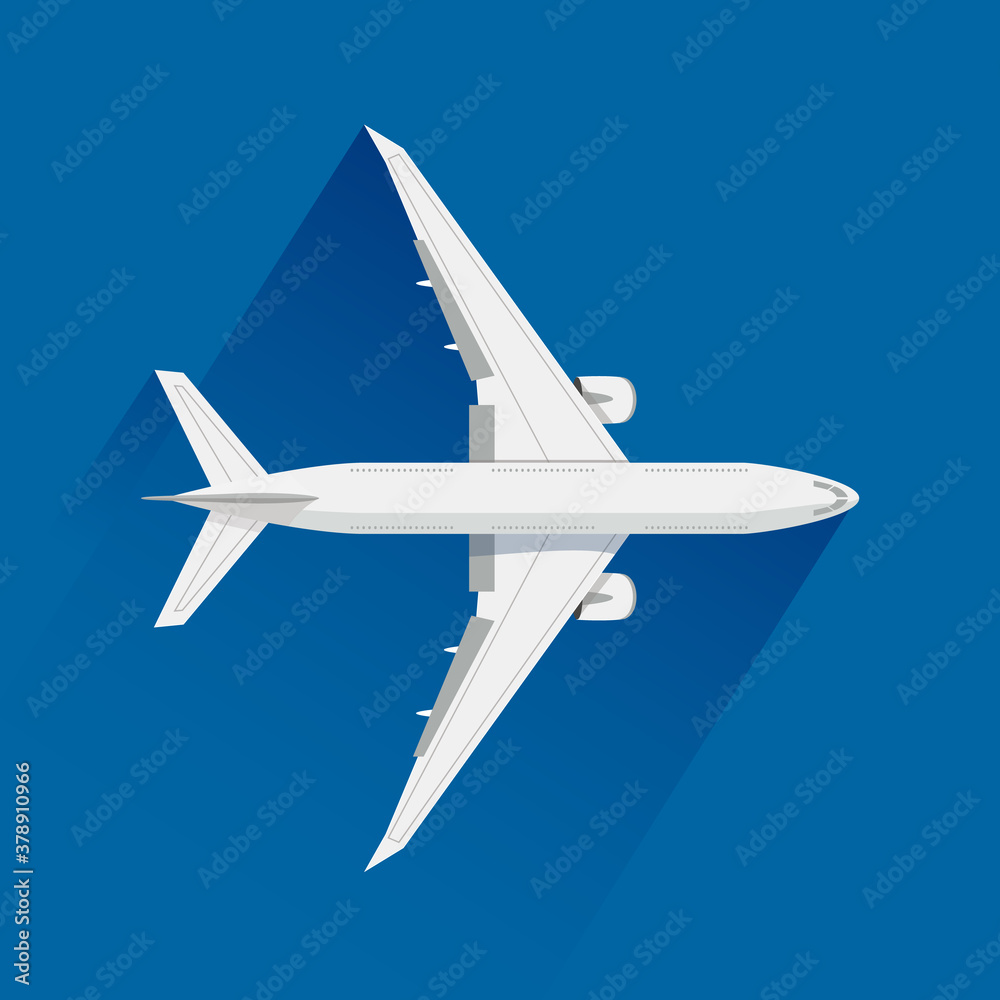 An airplane on blue background, vector illustration, flat design. Plane, top view.