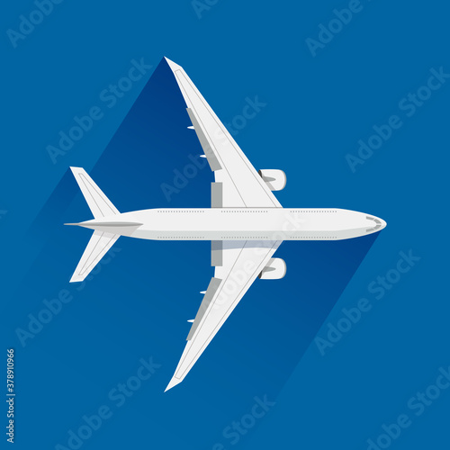 An airplane on blue background, vector illustration, flat design. Plane, top view.