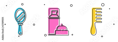 Set Hand mirror, Shaving gel foam and Hairbrush icon. Vector.