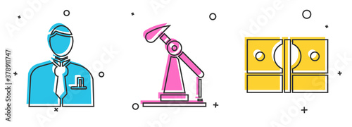 Set Businessman or stock market trader, Oil pump or pump jack and Stacks paper money cash icon. Vector.