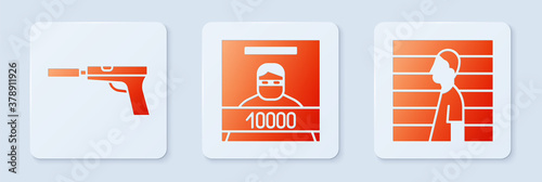 Set Wanted poster, Pistol or gun with silencer and Suspect criminal. White square button. Vector.