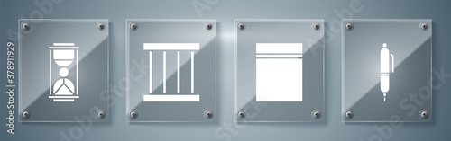 Set Pen, Plastic bag with ziplock, Prison window and Old hourglass with sand. Square glass panels. Vector.