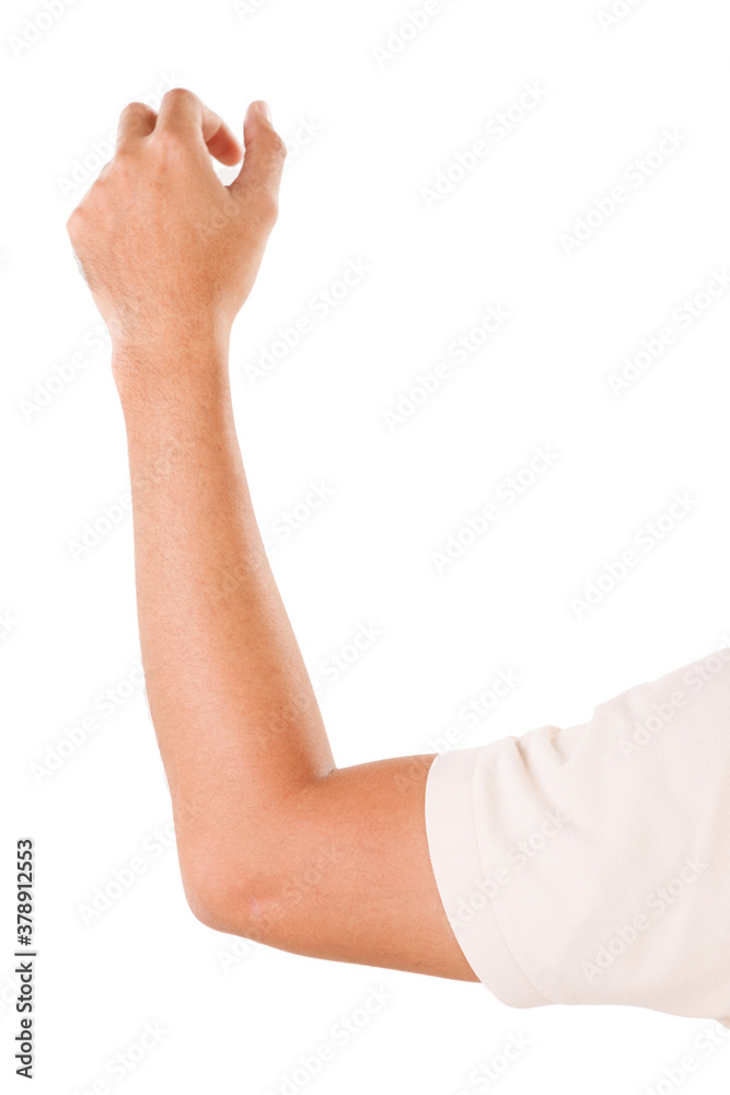 Male asian hand gestures isolated over the white background. CATCHING POSE.