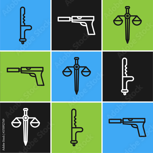 Set line Police rubber baton, Scales of justice and Pistol or gun with silencer icon. Vector.