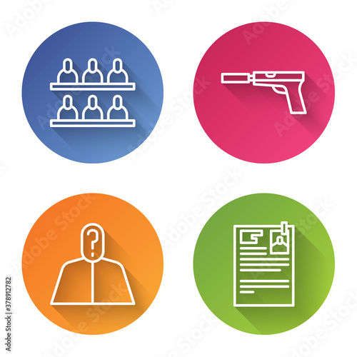 Set line Jurors, Pistol or gun with silencer, Anonymous with question mark and Lawsuit paper. Color circle button. Vector.