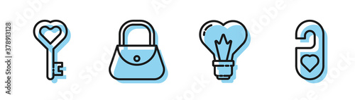 Set line Heart shape in a light bulb, Key in heart shape, Handbag and Please do not disturb with heart icon. Vector.
