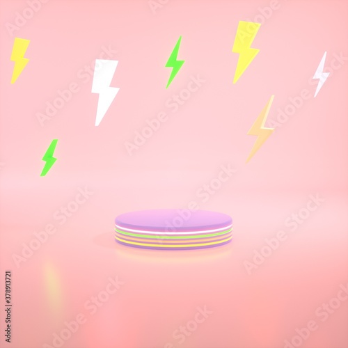 Abstract neon scene with lightning. Cylinder bright podium on pink background with. Product presentation, sale, stage pedestal or platform. 3d render