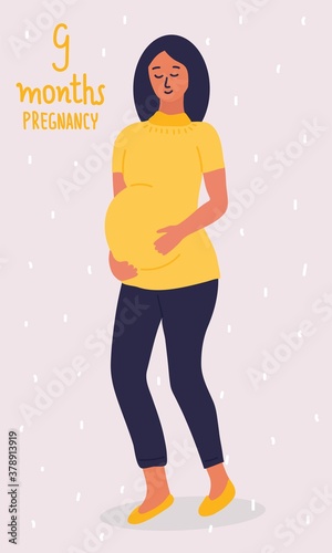 Young white pregnant woman. Third trimester of pregnancy. She strokes her stomach. Hand written lettering 9 months. Cartoon vector illustration. © Анастасия Красавина